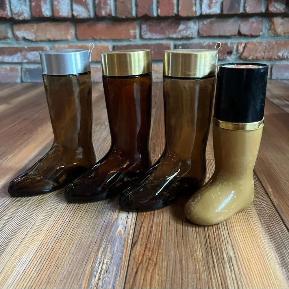 4 Vintage Style Avon Boot Cologne Brown Glass Decanters, Collectible EMPTY